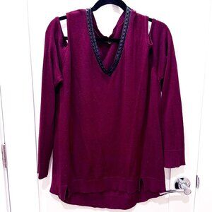 Cold Shoulder Burgundy Sweater with V Neck Black Leather Trim XL